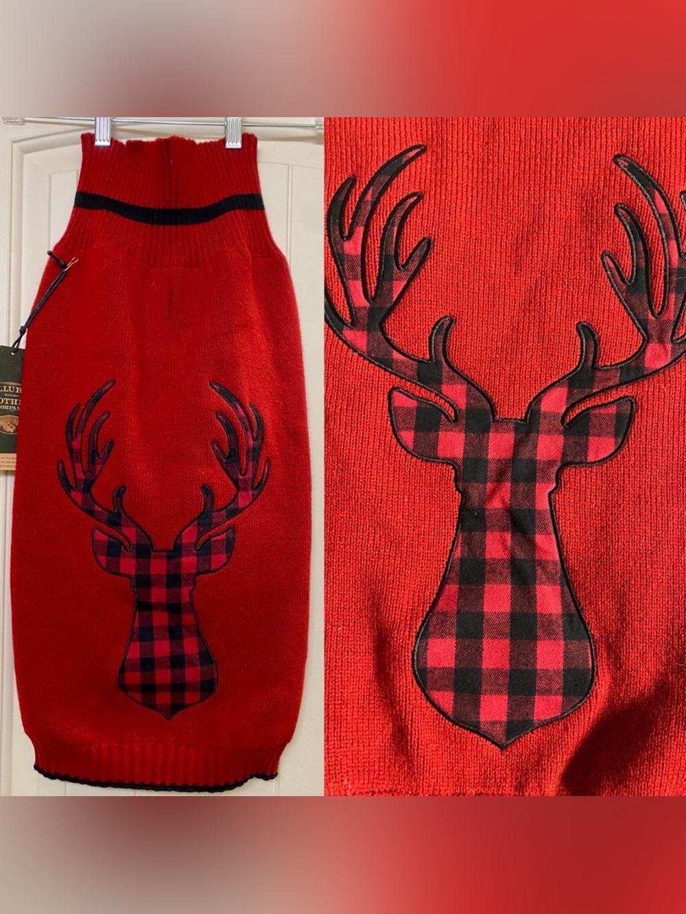 XL Dogs Red Christmas Sweater XL, Buffalo Plaid Reindeer Antlers, NWT